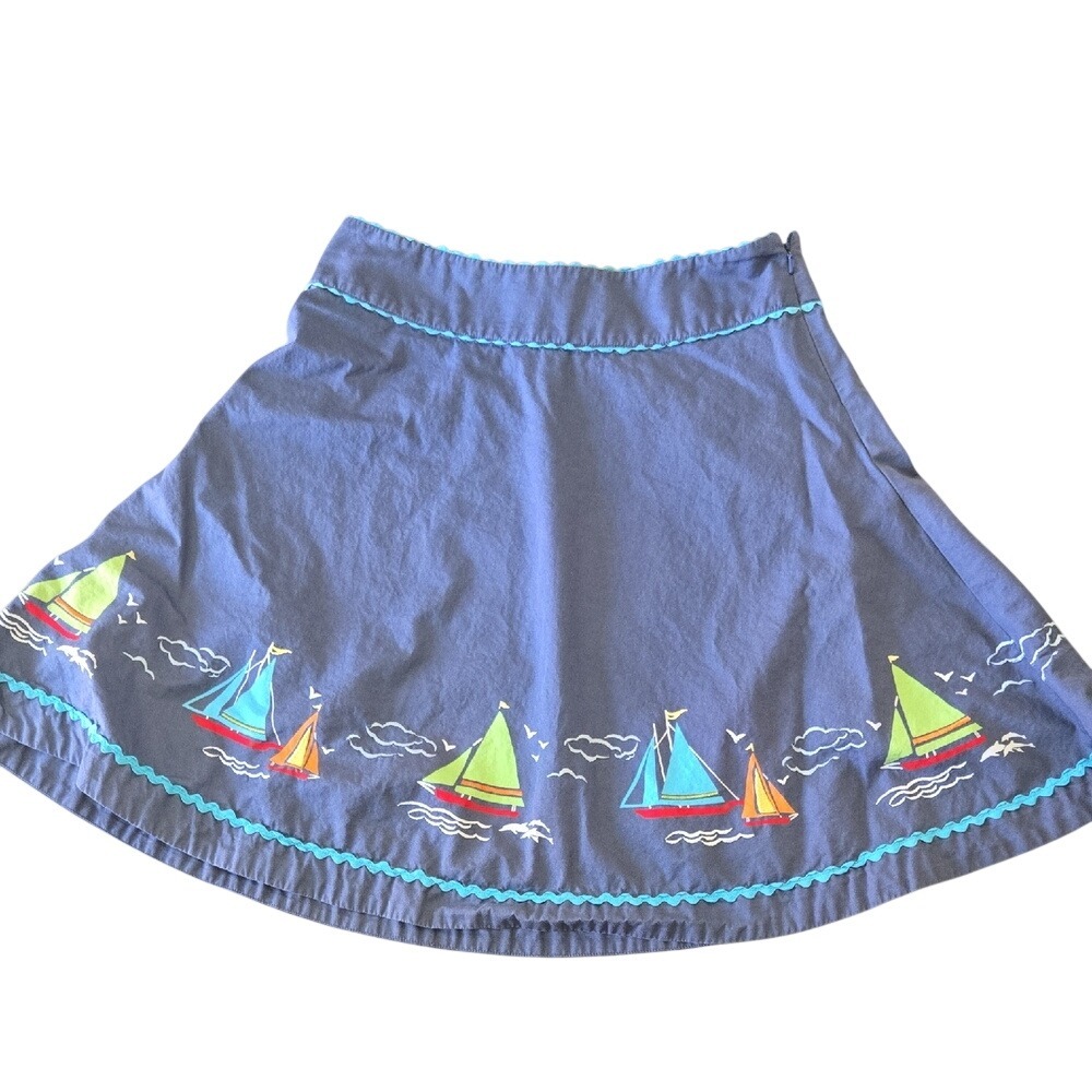 Liz Claiborne Petite Blue Cotton Sailboat Embroidered‎ Ric Rac A-Line Skirt 8P